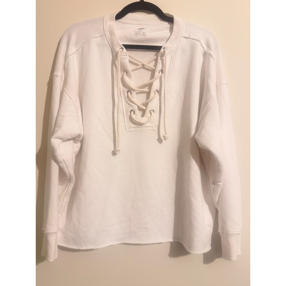 Aerie White Lace Up Oversized Sweatshirt Fleece Pullover Small